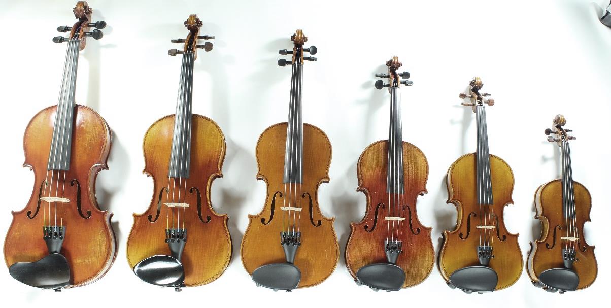 Mehrere Geigen in unterschiedlichen Grössen nebeneinander